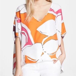 Diane Von Furstenburg Adria 100% Silk Orange Floral Print Loose Fit Blouse EUC